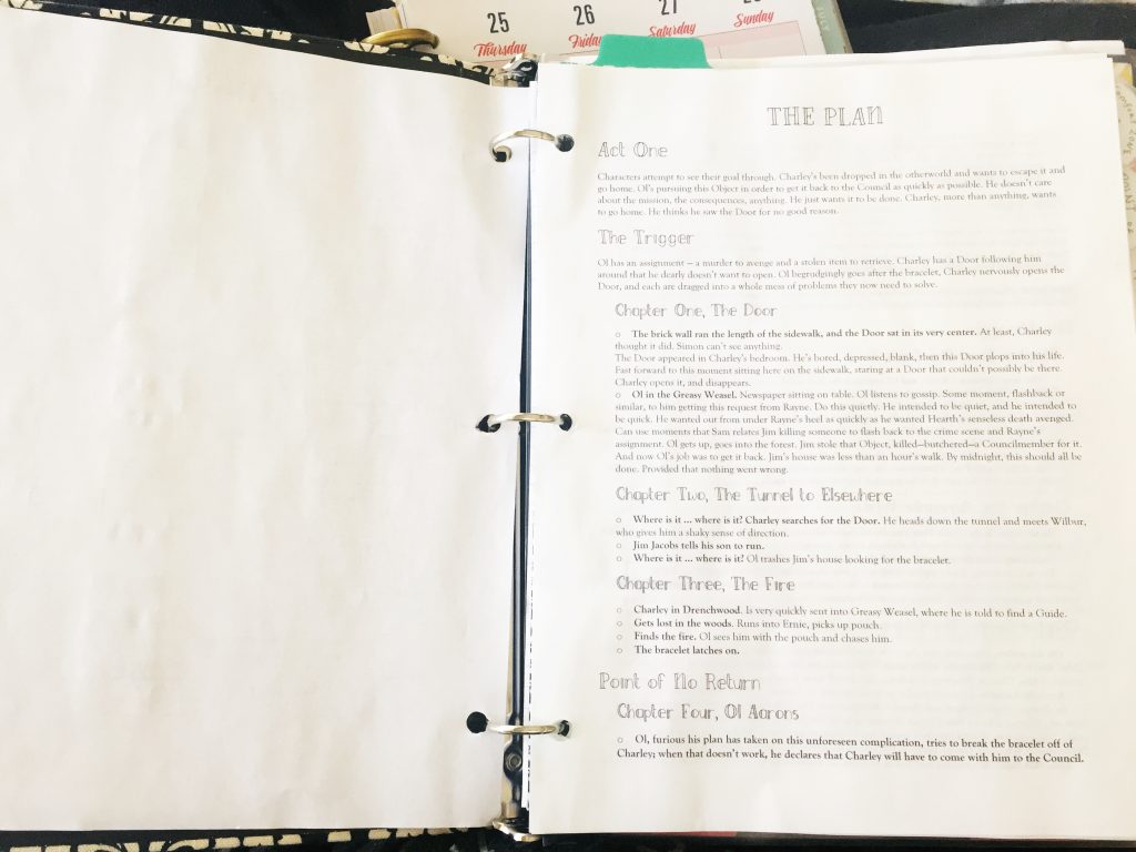 Writer's Binder open to chapter by chapter plot outline for novel
