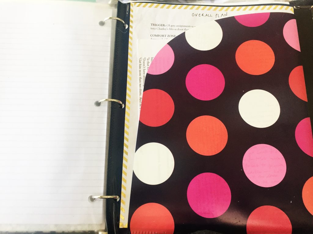 Writer's Binder Open to Plastic Polka Dot Folder Holding Papers