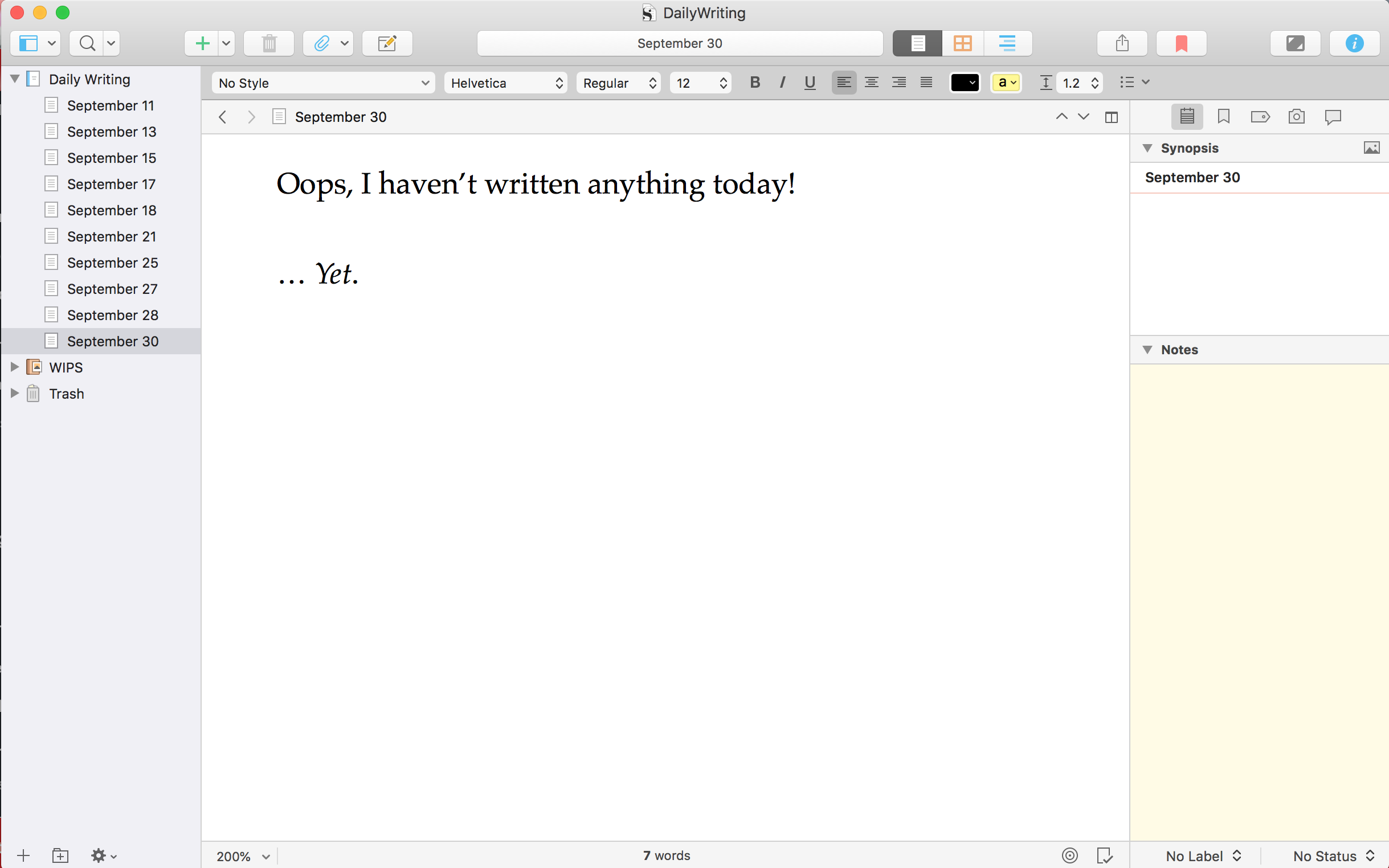Scrivener screencap of a document that says Daily Writing with files marked with different dates in September