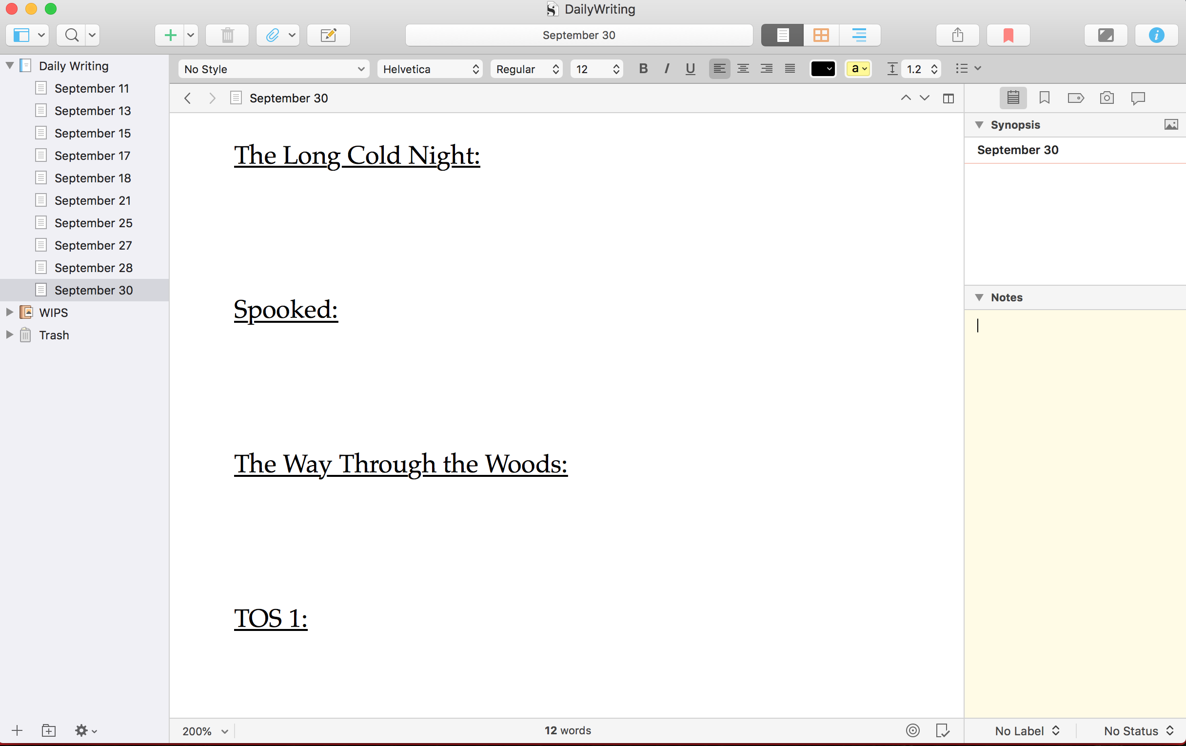 Scrivener screen cap. The document is organized with different sample titles of works in progress, underlined, with space beneath to type.