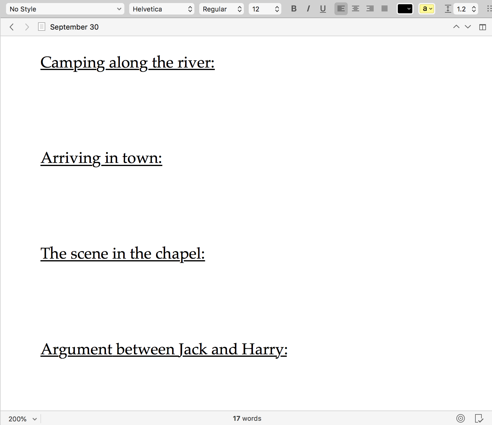 Scrivener screen cap of a document organized with titles for different scenes in a story.